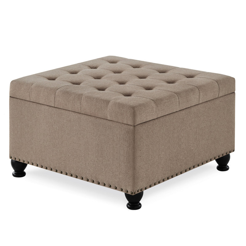 Black Linen Square With Solid Wood Legs And Storage Button Detailing, Linen