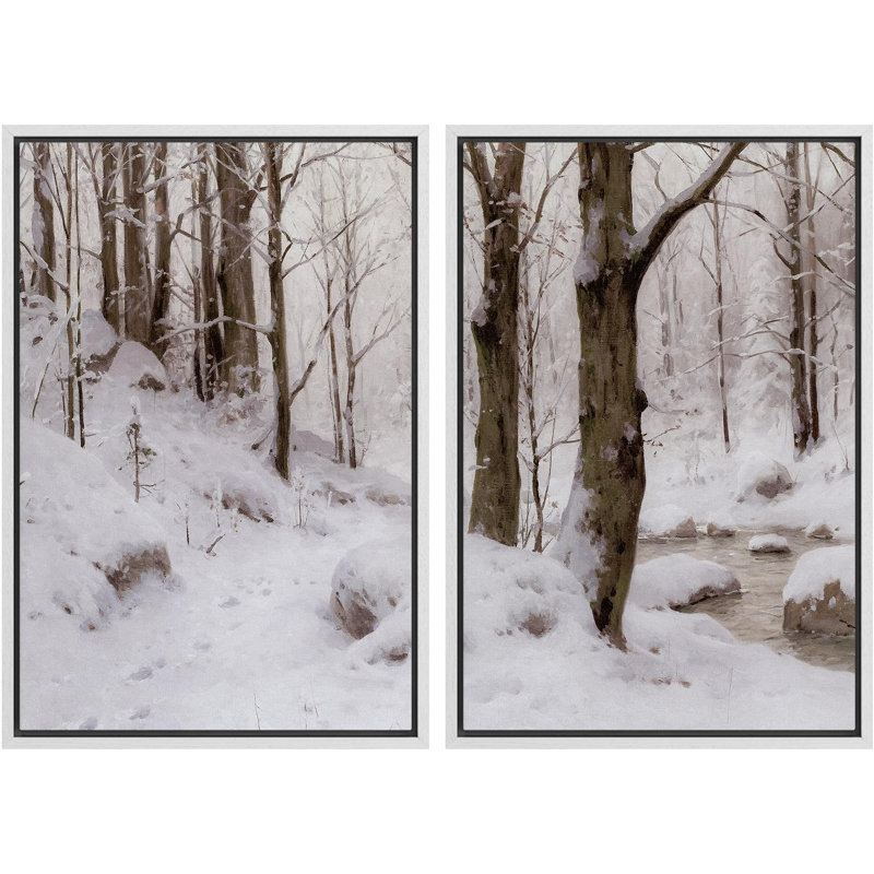 «Winter Forest And Stream Serene Snowy Landscape Nature Wilderness Illustration Decor Scenic», 2 pièces, Cadre blanc
