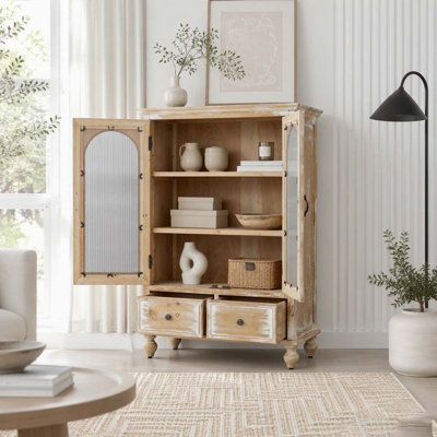 Armoire de rangement, garde-manger en bois vieilli avec 2 portes en verre et 2 tiroirs