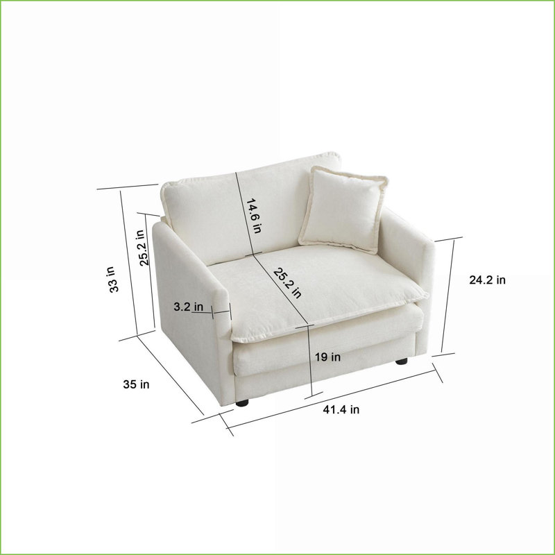 Canapés à siège simple pour salon, chambre, bureau à domicile | Chenille blanche neige | Bois massif | Comprend un coussin décoratif | Blanc | Chenille