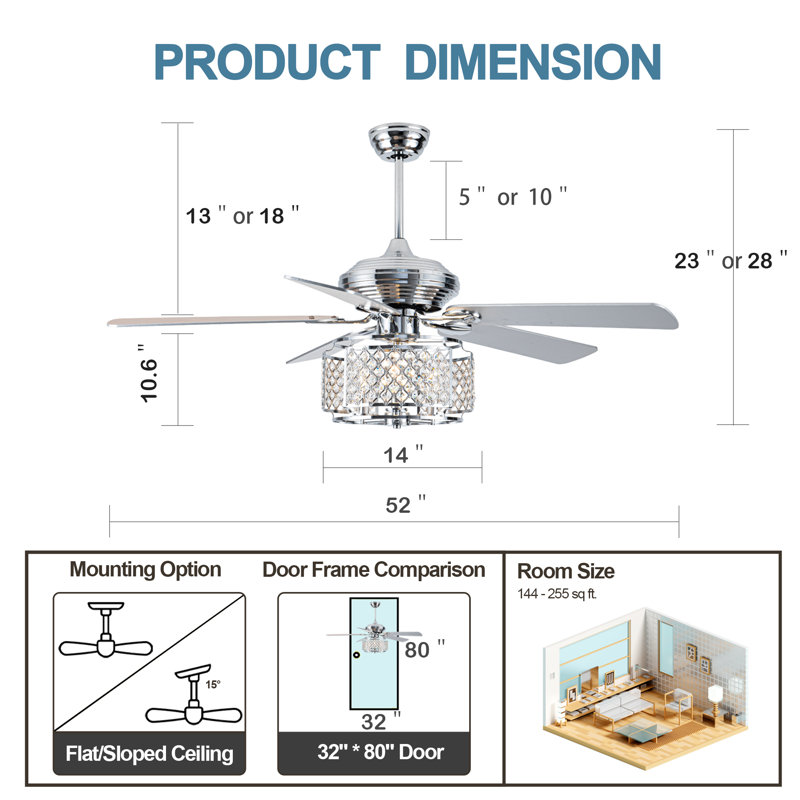 Kamori 52" Crystal Ceiling Fan w Wood Blades and 3 Lights, Crystal Light Shade, Quiet DC Motor w/ Remote