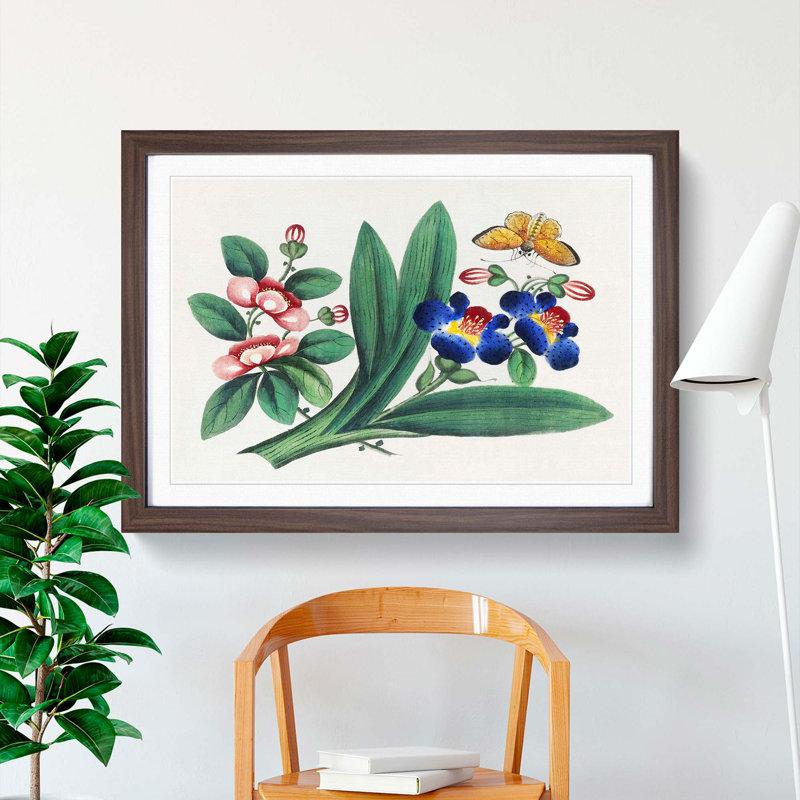 A Butterfly & Flowers - Framed Print, 33cm H x 45cm W x 2cm D, Walnut Framed