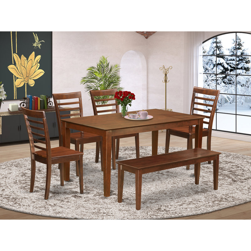 Ensemble de table de salle à manger 6 pièces moderne comprenant une table rectangulaire en bois et 4 chaises en bois avec banc, 36 x 60 pouces, acajou