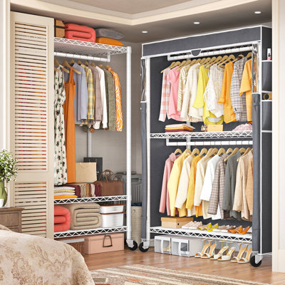 Portant à linge sur roulettes 445 lb avec couvercle, garde-robe portative réglable en fil de 81 po h, garde-robe autoportante à roulettes