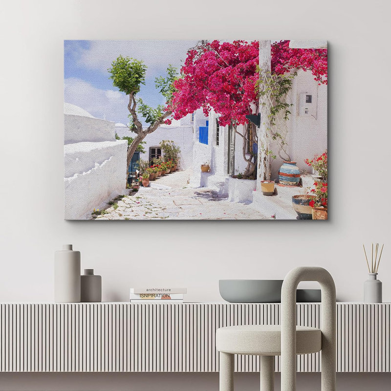 Santorini, Grèce, fleurs roses, nature sauvage sur toile, H 32 po x l 48 po x P 1,5 po