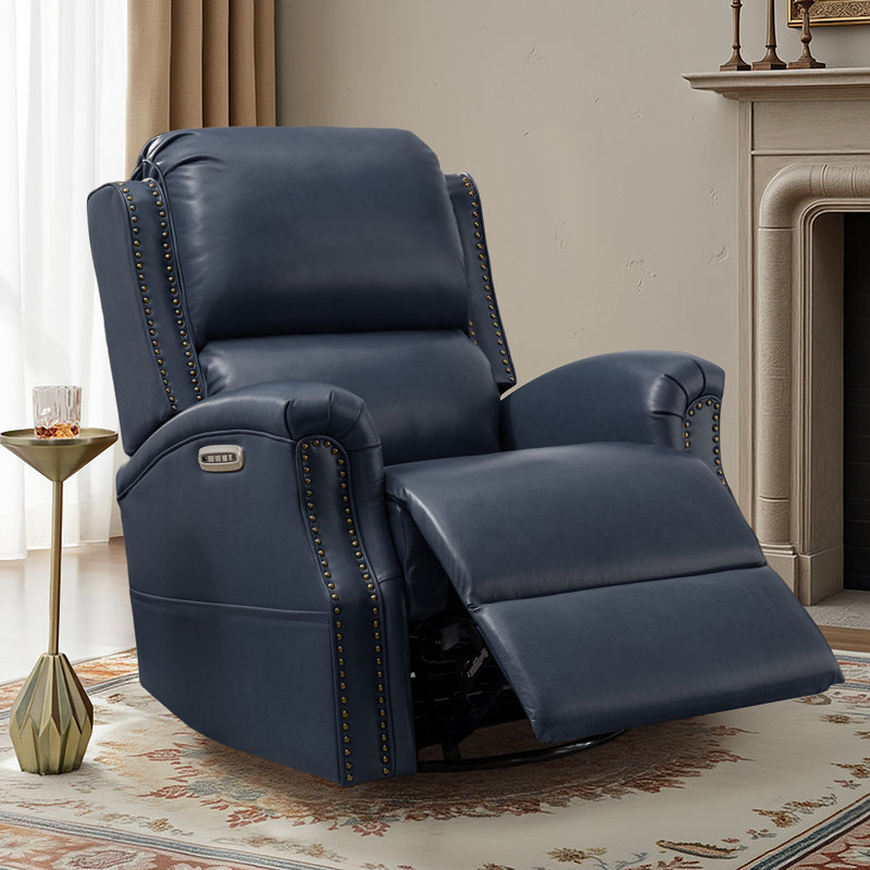 Fauteuil inclinable et oscillant pivotant traditionnel en cuir véritable Bouton, Marine