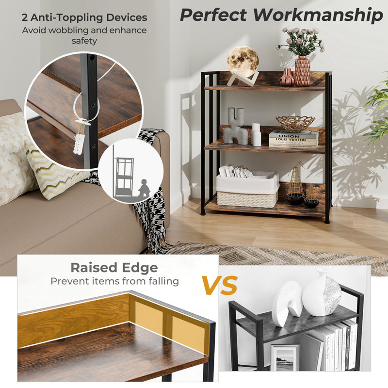 Industrial Black Metal 3-Tier Adjustable Bookshelf