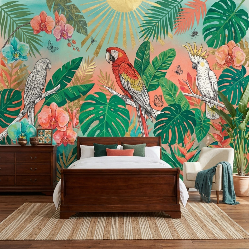 Papier peint tropical avec perroquets botaniques, Peler et coller, 200 po x 120 po