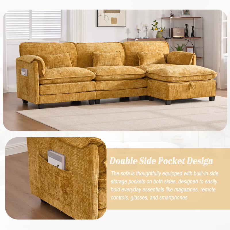 112" Modern Upholstery Sofa with Movable Storage Ottoman, Phone Holder, USB Charging Port , Yellow