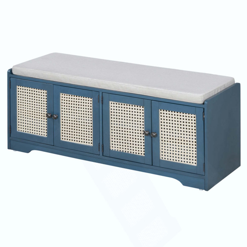 Banc de rangement rustique, banc à chaussures multifonctionnel en bois avec coussin amovible, portes en rotin tissé et tablettes réglables