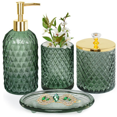 Bathroom Accessories Set, 4Pcs Sage Green Glass Bathroom Accessory Set Complete W/Lotion Soap Dispenser, Toothbrush Holder, Qtip Holder, Soap Dish, Gold Bathroom Decor Sets, Gift For Home Apartment