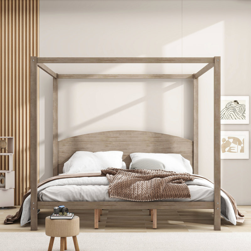 King Size Canopy Platform Bed With Headboard, Support Legs In Brown Wash - Stylish Touch Headboard And Robust Construction