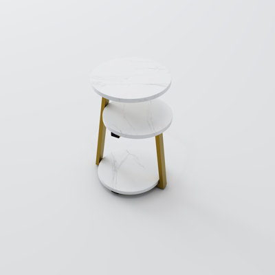 Small Round Side Table With 3-Tier Storage - White Gold End Table, Sturdy Metal Frame Nightstand, Compact Couch Table For Bedroom Living Room
