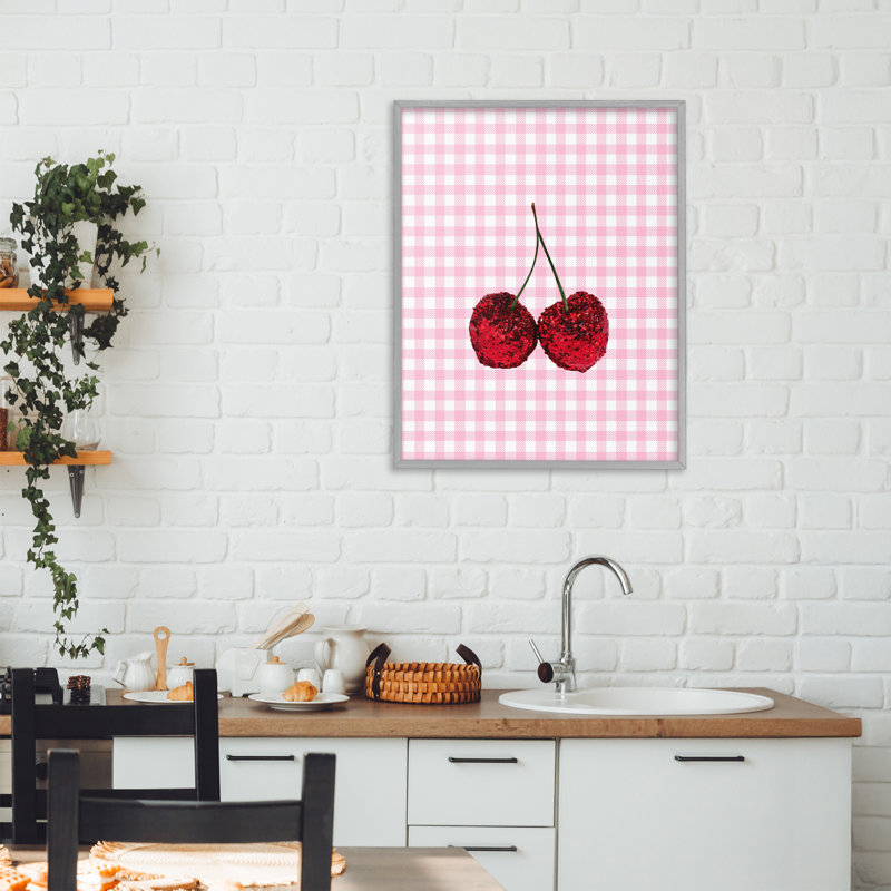 Estampe numérique cerise scintillante sur fond vichy rose, design par Lish Creative, 20 x 16, Giclée de ferme grise encadrée