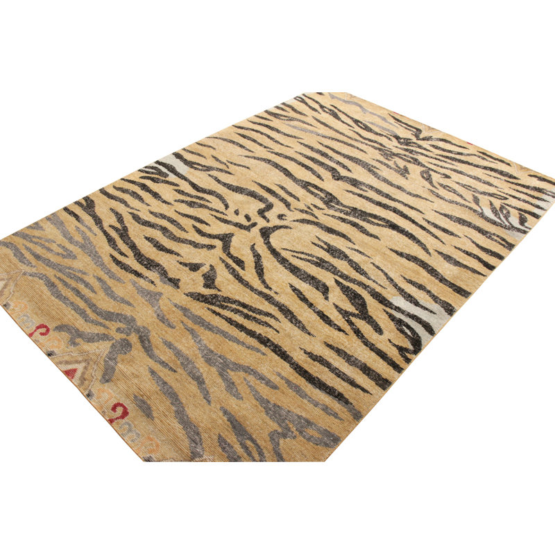 Distressed Homage Hand Knotted Wool Animal Print Area Rug in Black, Beige, Brown, Orange, Gray, Blue, Rectangle 13' x 18'