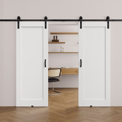 80"H × 64"W Solid Manufactured Wood Panel, White Primed Sliding Barn Door With Installation Hardware Kit(No Assembly Required & 2 Doors)