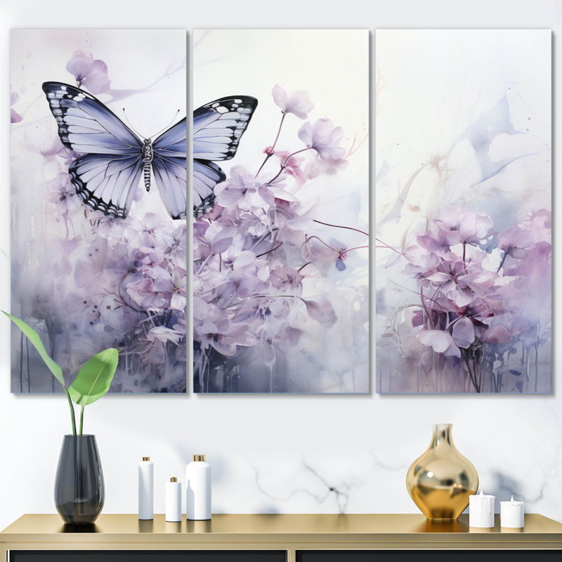 Papillon mauve «Enchanted Flight I», reproduction sur toile 3 pièces, H 28 po x l 36 po x P 1 po