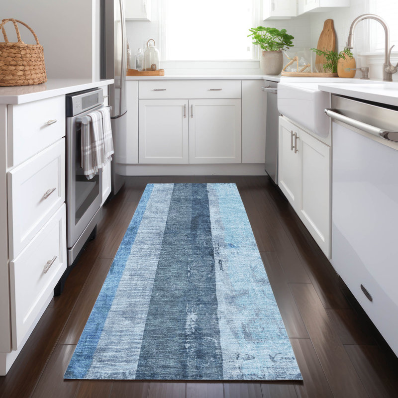 Tapis bleu intérieur / extérieur lavable à la machine Cinead ACN1689, Tapis de couloir 2 pi 3 po x 7 pi 6 po
