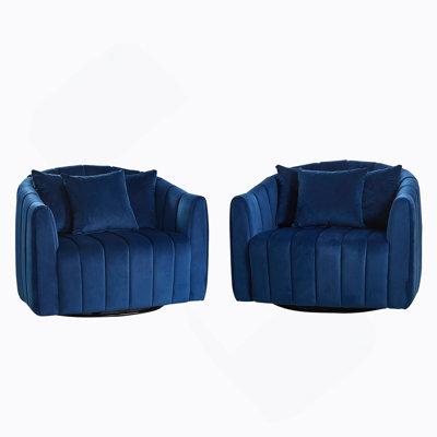 40.1"W Upholstered Oversized 360° Swivel Accent Barrel Chair And Half Cozy Sofa With 3 Pillows, Velvet Channel Tufted Pumpkin-Shape Club Armchair For Living Room, Bedroom, Office, Lounge,NAVY