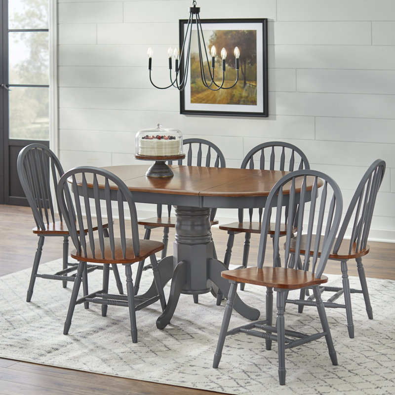 Kaneshiro Solid Wood Top Pedestal Dining Set, 7 Pieces: Table, 6 Chairs, Gray/Walnut