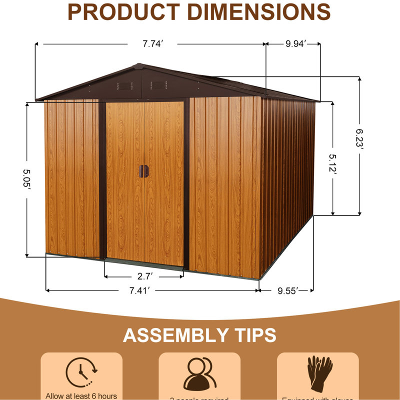 Coffee 8ft X 10ft Outdoor Metal Shed With Robust Foundation - Galvanized Steel Build, Punched Vents For Circulation, Padlockable Sliding Door, Simple Assembly Handbook Storage In Well-ventilated