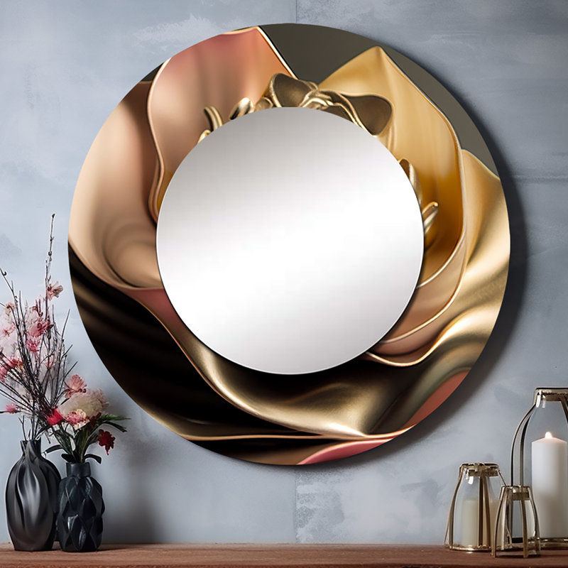 Shardea rétro rétro abstrait rose et fleurs dorées III - miroir mural floral, miroir décoratif rond rose, impression d'art en métal