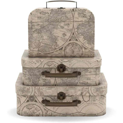 Decorative Suitcase Storage Boxes With Handle, Set Of 3 Cardboard Suitcase Boxes With Lids, Vintage Luggage Prop Travel Decor For Home, Travel Themed Party Decorations, Global Glam.