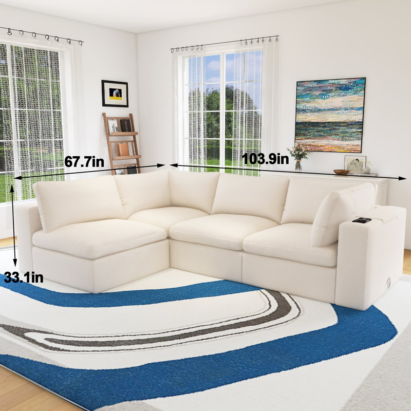 Upholstered Modular Sofa With With Storage Space, Beige Cotton