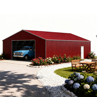 Garage robuste de 46 pi x 25 pi avec structure tubulaire carrée de calibre 14, 26 tôles, 15 pi de hauteur, entrée métallique d'un côté pour les chantiers de construction, entrée galvanisée, couleur brun rougeâtre