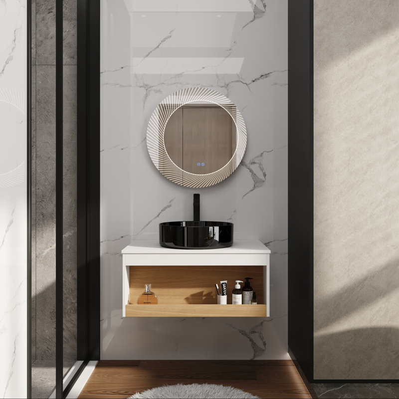 Meuble-lavabo mural 30 po avec lavabo rond et rangement ouvert, Black Veined