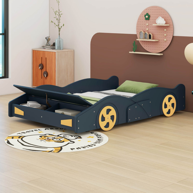Lit plateforme en forme de voiture de course Shanlee, Bleu foncé / Jaune
