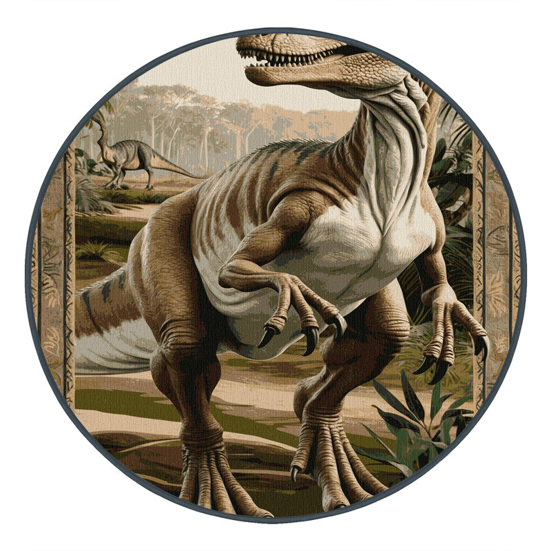 Machine Washable Dinosaurs Brown Area Rug, Round 7'