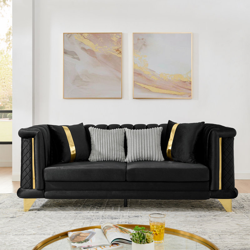 Canapé de luxe Mid-Century moderne en velours 3 places avec garnitures en acier inoxydable doré et texture brodée, Noir