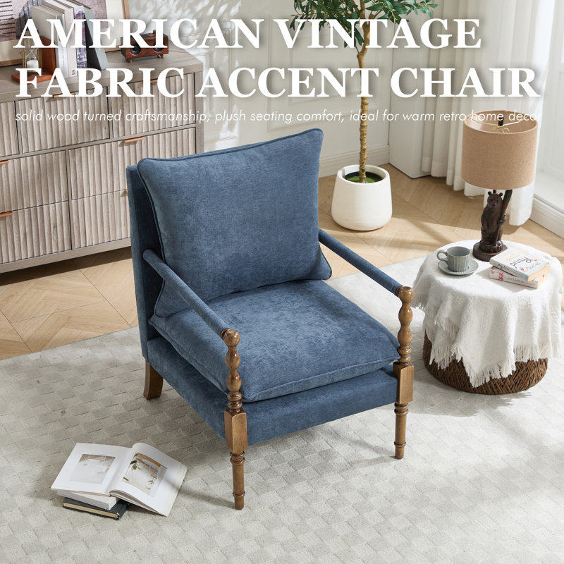 Chenille Accent Chair, Spindle Accent Chair with Upholstered Armrests, Farmhouse Accent Chair with Turned Wood, Blue