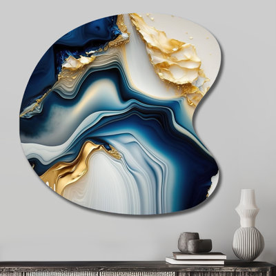 Abstract Geode Gold And Blue Marble II - Abstract Marble Drop Shape Asymmetric Metal Wall Art