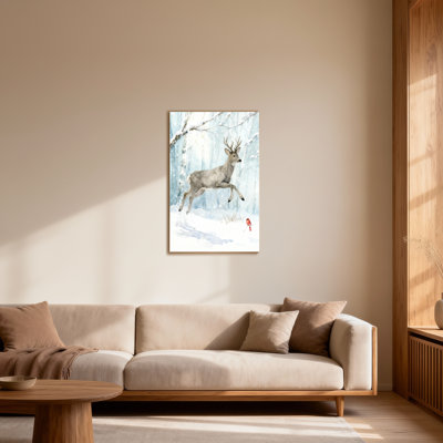 Animaux, hiver, forêt, cerf, neige, oiseau