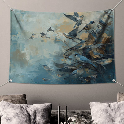 Tapisserie murale oiseaux bleus en vol - Décoration murale oiseaux