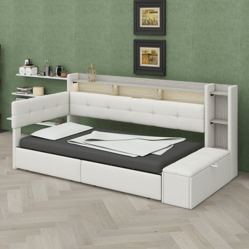 Modern Daybed with Integrated Storage, Lights & Charging Ports, Beige