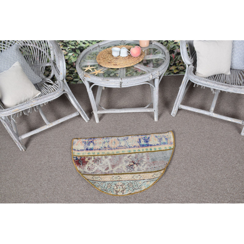 Vintage Turkish Oushak Small Round Patchwork Rug in Blue for Entry or Small Spaces
