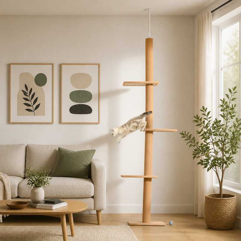 Arbre à chat PawHut réglable du sol au plafond avec poteaux à griffer en sisal et plateformes moelleuses pour un confort et un jeu optimaux pour votre chat.