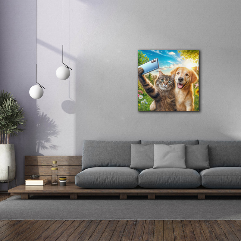  'Cat And Dog - Friends Selfie' by Rey Klimt Canvas Wall Art, 18" x 18", H 37 po x l 37 po x P 1,5 po