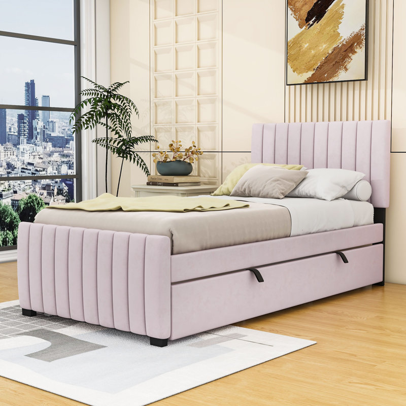 Elegant Velvet Upholstered Bed with Twin Trundle, Twin, Pink