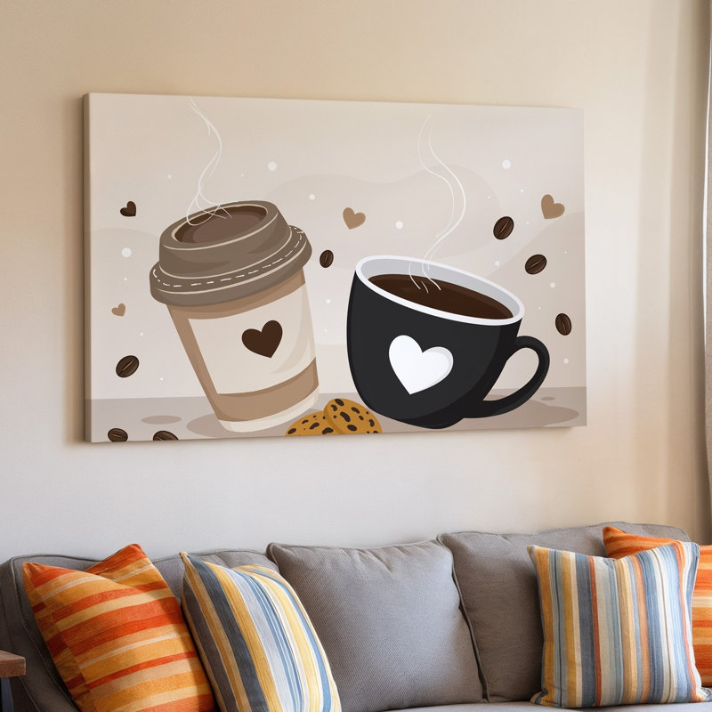 Toile, une illustration fantaisiste mettant en vedette deux tasses à café stylisées, l'une dans un art mural brun clair avec un motif en forme de cœur et l'autre dans un art mural sur toile
