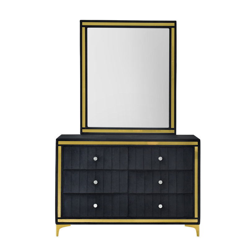 Commode 6 tiroirs avec miroir Schade, Noir, noir, noir, noir