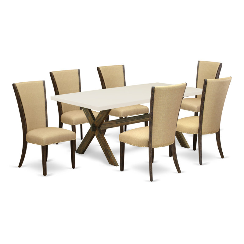 Ensemble de table de salle à manger 7 pièces 7 pièces Modernes, H 30 po x L 72 po x l 40 po, Blanc lin, Marron