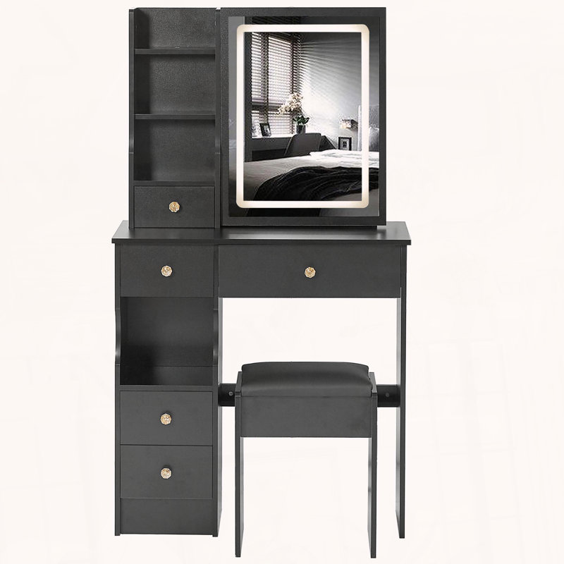 Small Space Vanity with Tri-Color LED Mirror and Storage, Black
