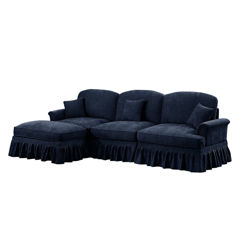  Modern 3 Seater Modular L Shaped Sectional Couch With Removable Ruffles Pleats Skirts Comfy Chenille 3-Seat Sofa With Movable Ottoman