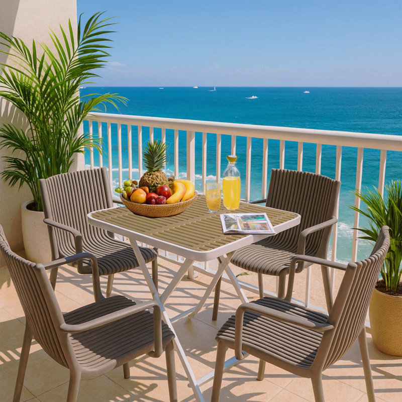 4Pcs Warm Gray Stackable Pp Armchair For Indoor/Outdoor Use -Ergonomic Slatted Back, With Modern Folding Indoor/Outdoor Multi-Functional Square Table- Pp Tabletop With Metal Legs
