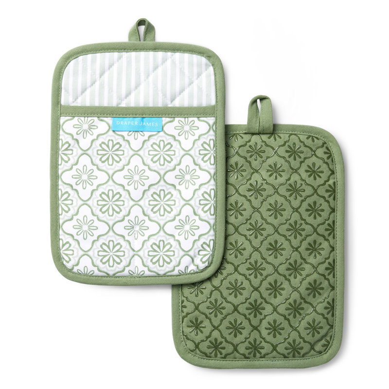 DRAPER JAMES Allover Geo Floral Pot Holder 2-Pack Set, Heat Resistant & Non-Slip Silicone Grip, Seafoam Green, 7"x10"