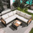 4 Pieces Outdoor Patio Conservation Set, Metal And Wood Frame Sectional L-Shaped Sofa With Soft Cushion And A Coffee Tables For Garden, Backyard, Porch And Deck-1788518763